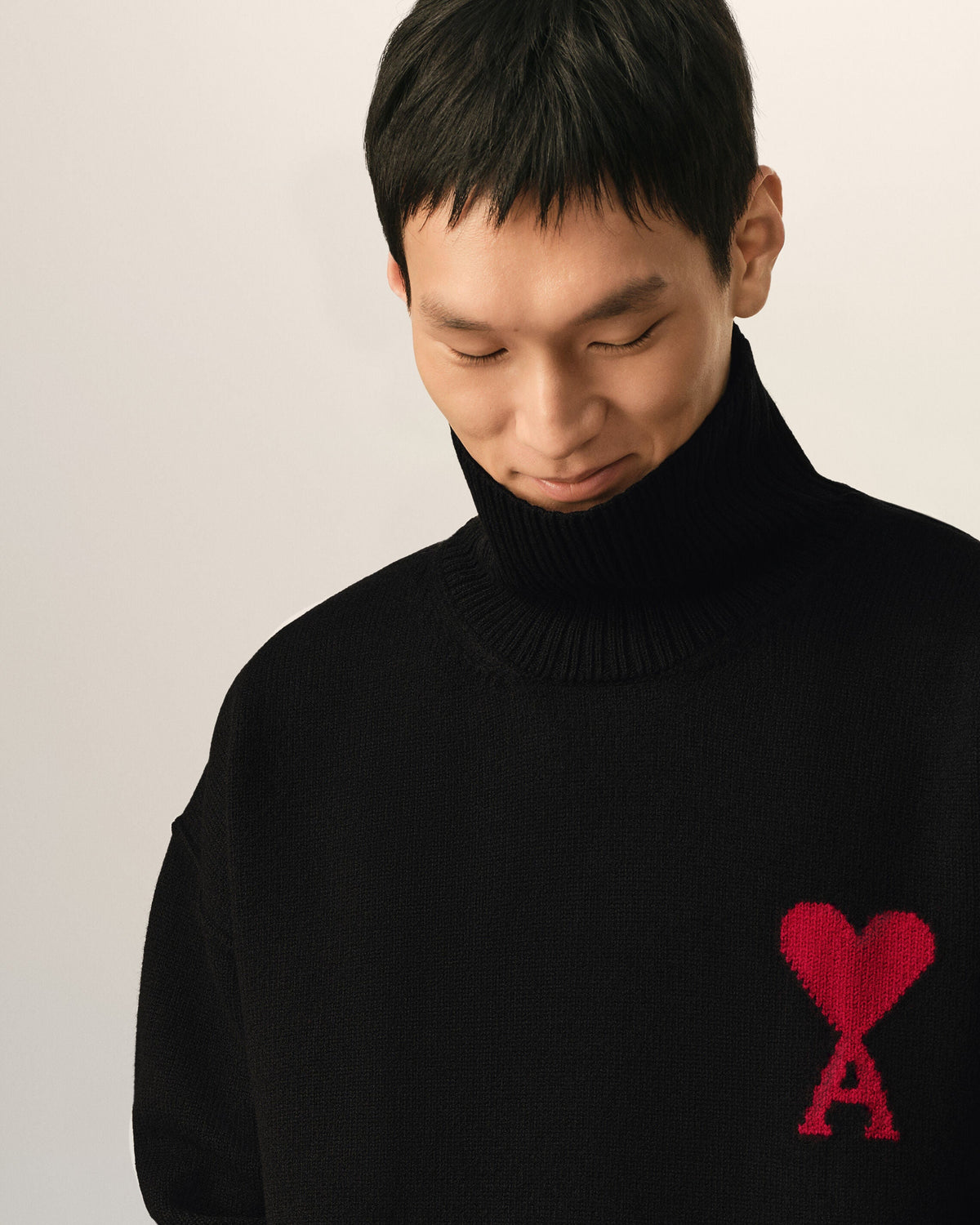 AMI Paris Ami de Cœur Large Logo Funnel Neck Sweater — Black / Red — logo and knit detail