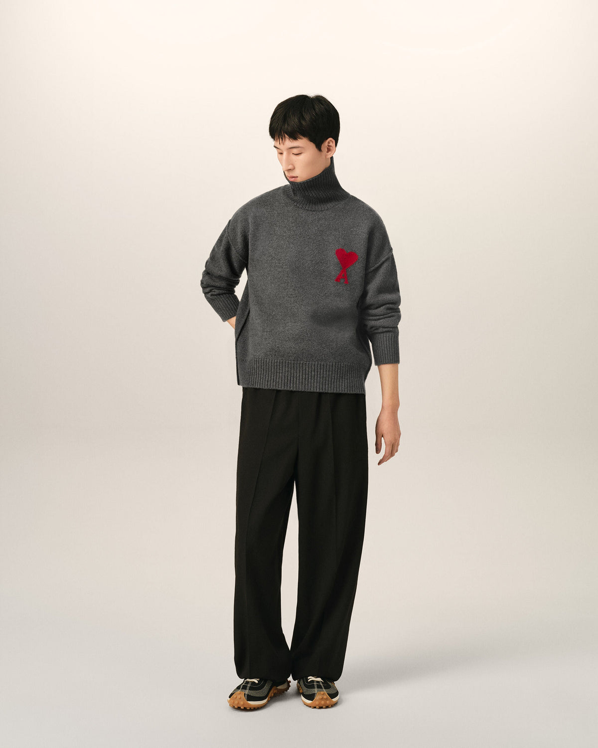AMI Paris Ami de Cœur Large Logo Funnel Neck Sweater — Charcoal / Red — styled front view