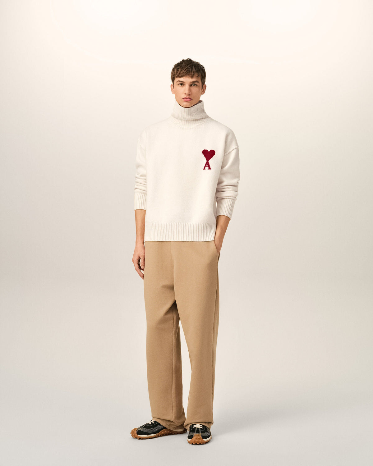 AMI Paris Ami de Cœur Large Logo Funnel Neck Sweater — Ecru / Red — styled front view