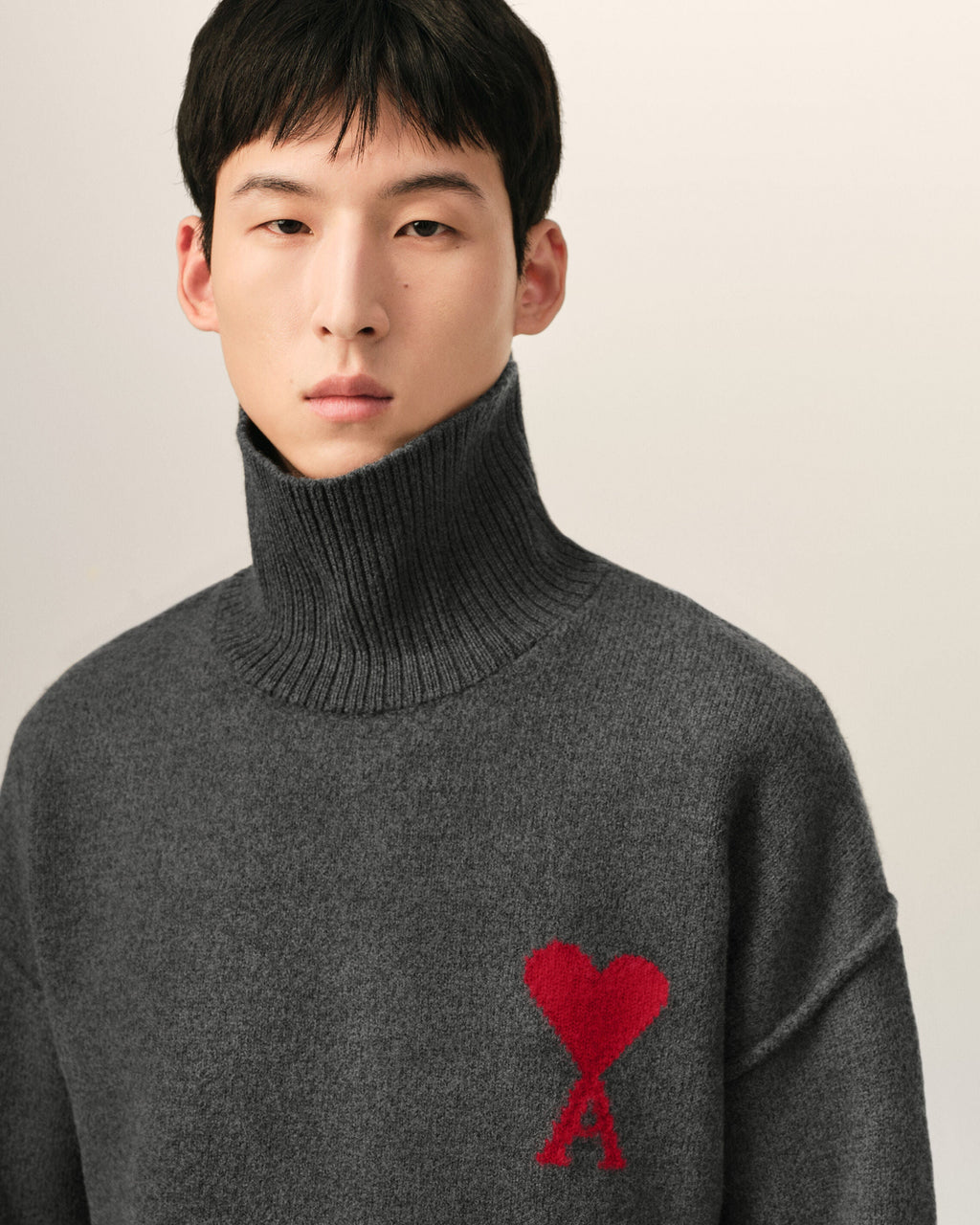 AMI Paris Ami de Cœur Large Logo Funnel Neck Sweater — Charcoal / Red — logo and knit detail