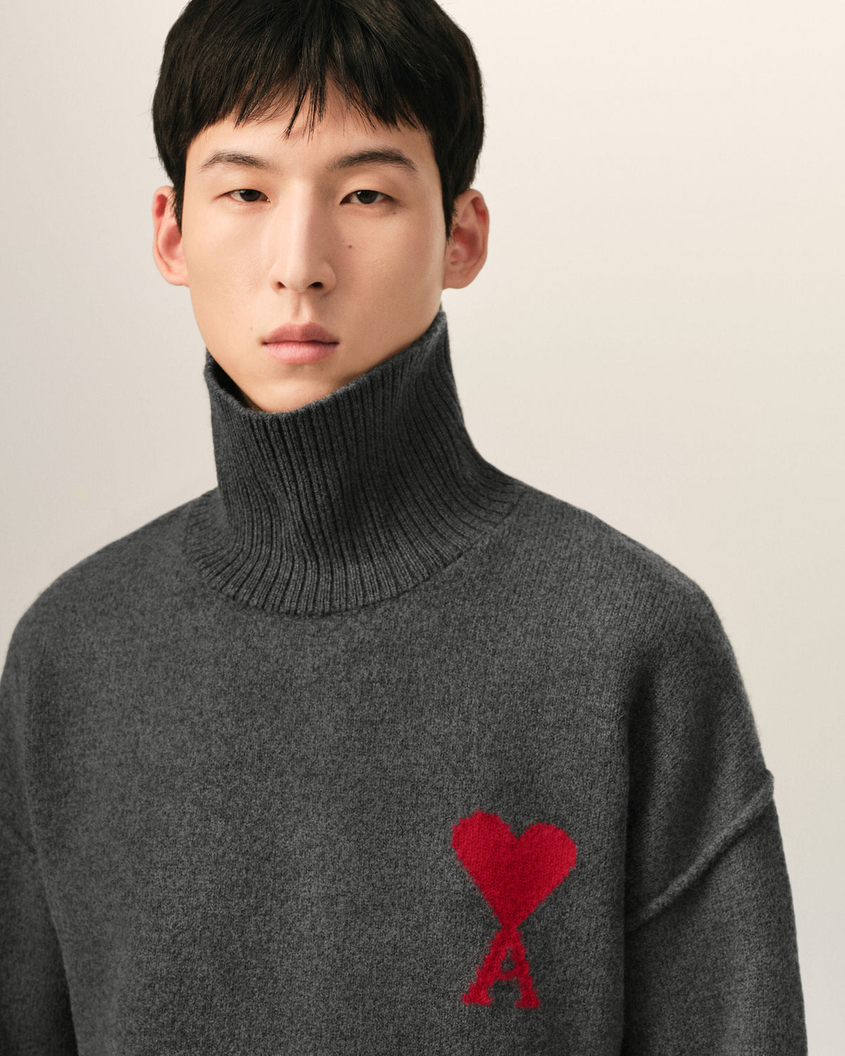 AMI Paris Ami de Cœur Large Logo Funnel Neck Sweater — Charcoal / Red — logo and knit detail