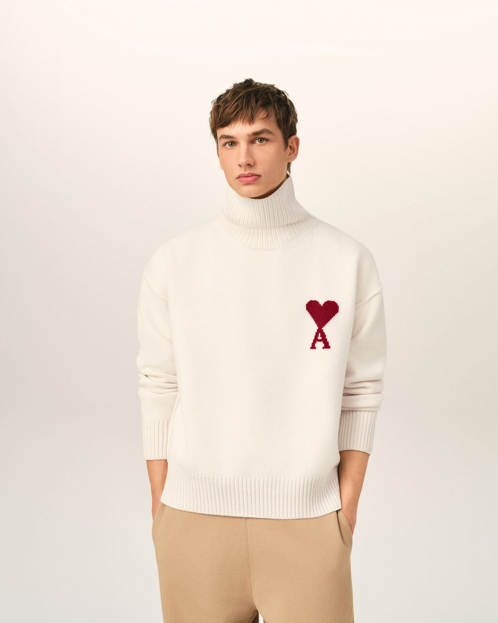 AMI Paris Ami de Cœur Large Logo Funnel Neck Sweater — Ecru / Red — styled front view