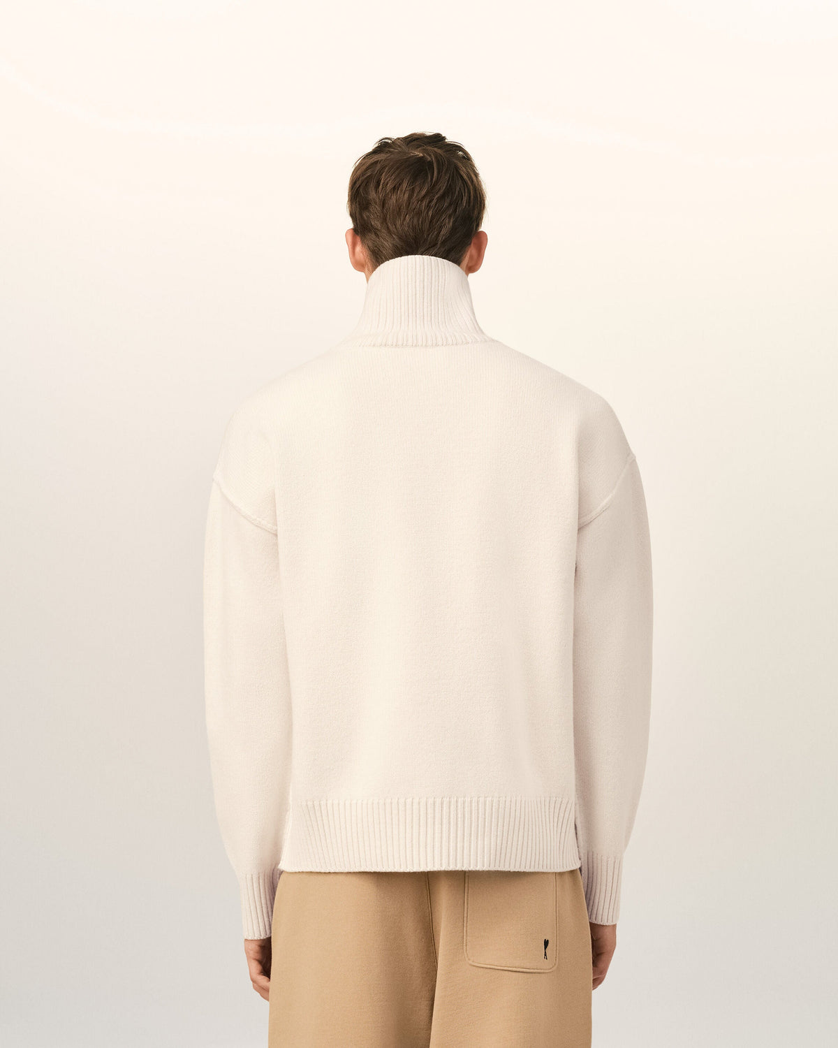 AMI Paris Ami de Cœur Large Logo Funnel Neck Sweater — Ecru / Red — styled back view