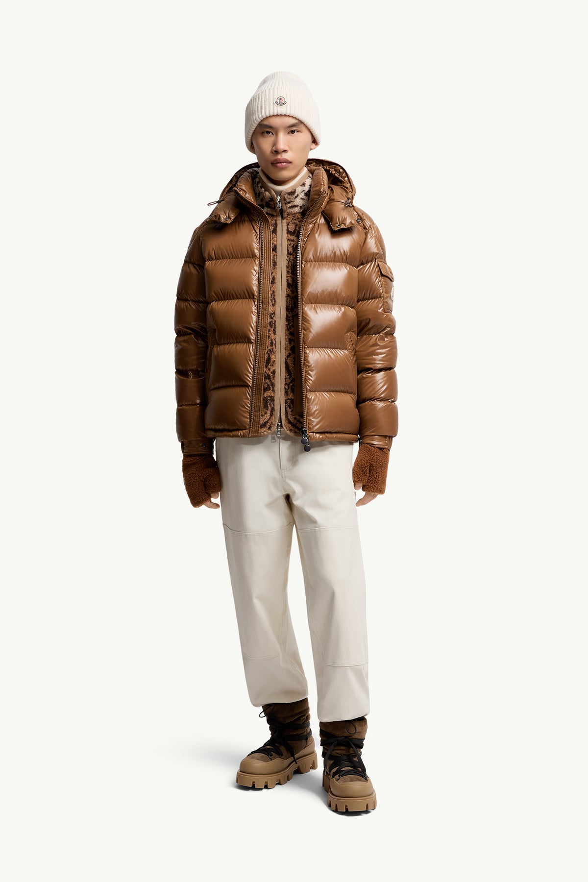 Moncler Maya Glossy Hooded Down Jacket — Beige — product view 2