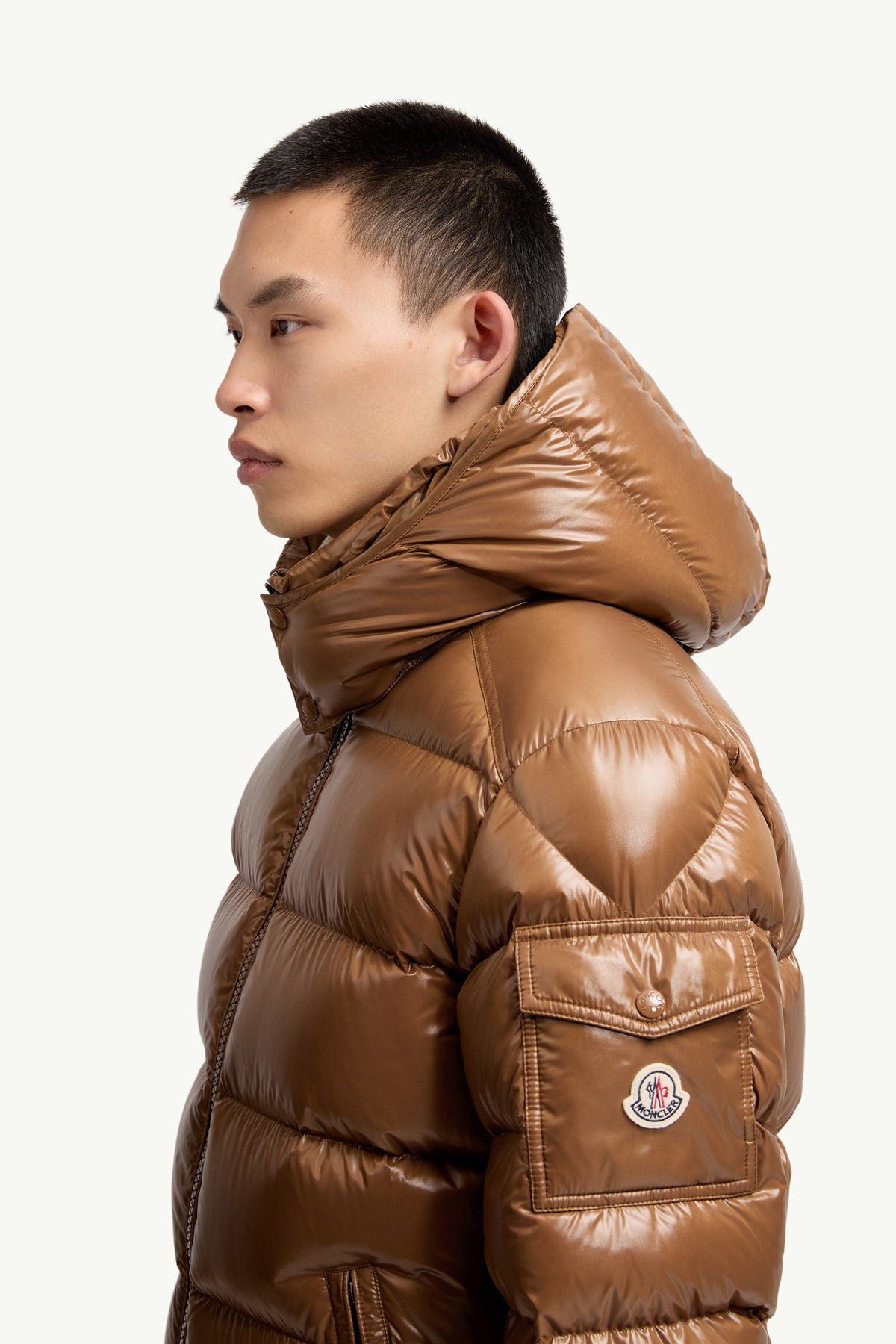 Moncler Maya Glossy Hooded Down Jacket — Beige — product view 3