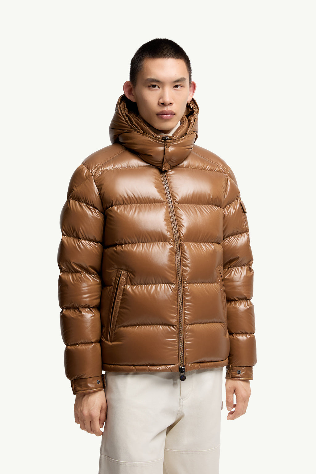 Moncler Maya Glossy Hooded Down Jacket — Beige — product view 5