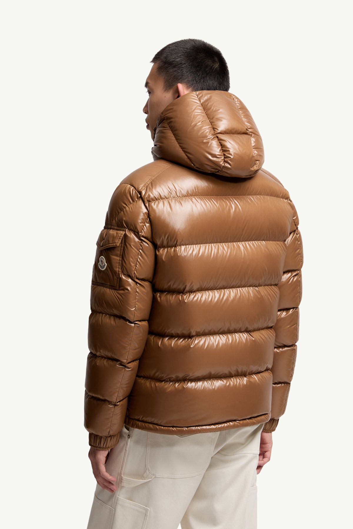 Moncler Maya Glossy Hooded Down Jacket — Beige — product view 6