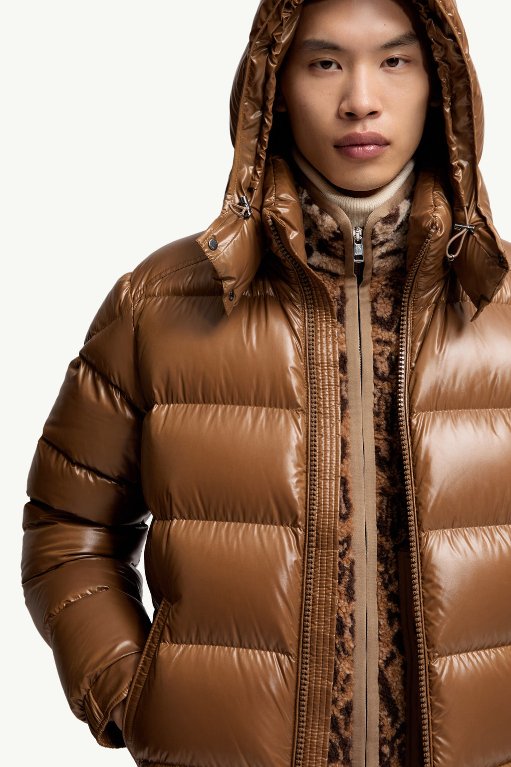 Moncler Maya Glossy Hooded Down Jacket — Beige — product view 8