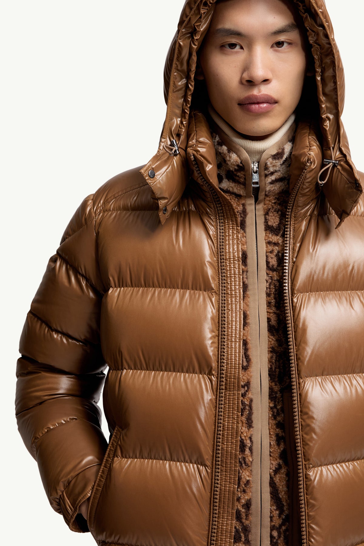 Moncler Maya Glossy Hooded Down Jacket — Beige — product view 8
