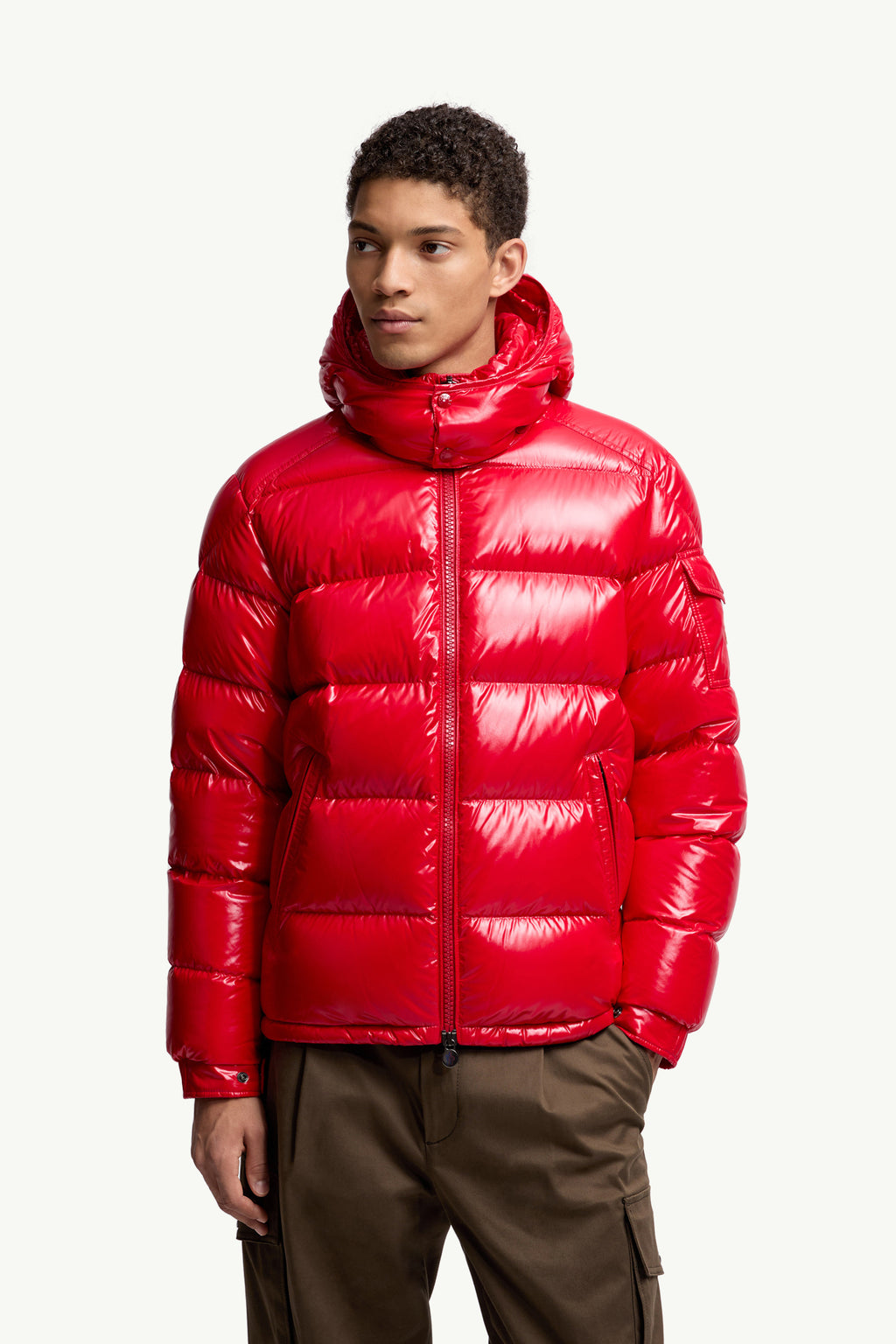 Moncler Maya Glossy Hooded Down Jacket — Red — product view 5