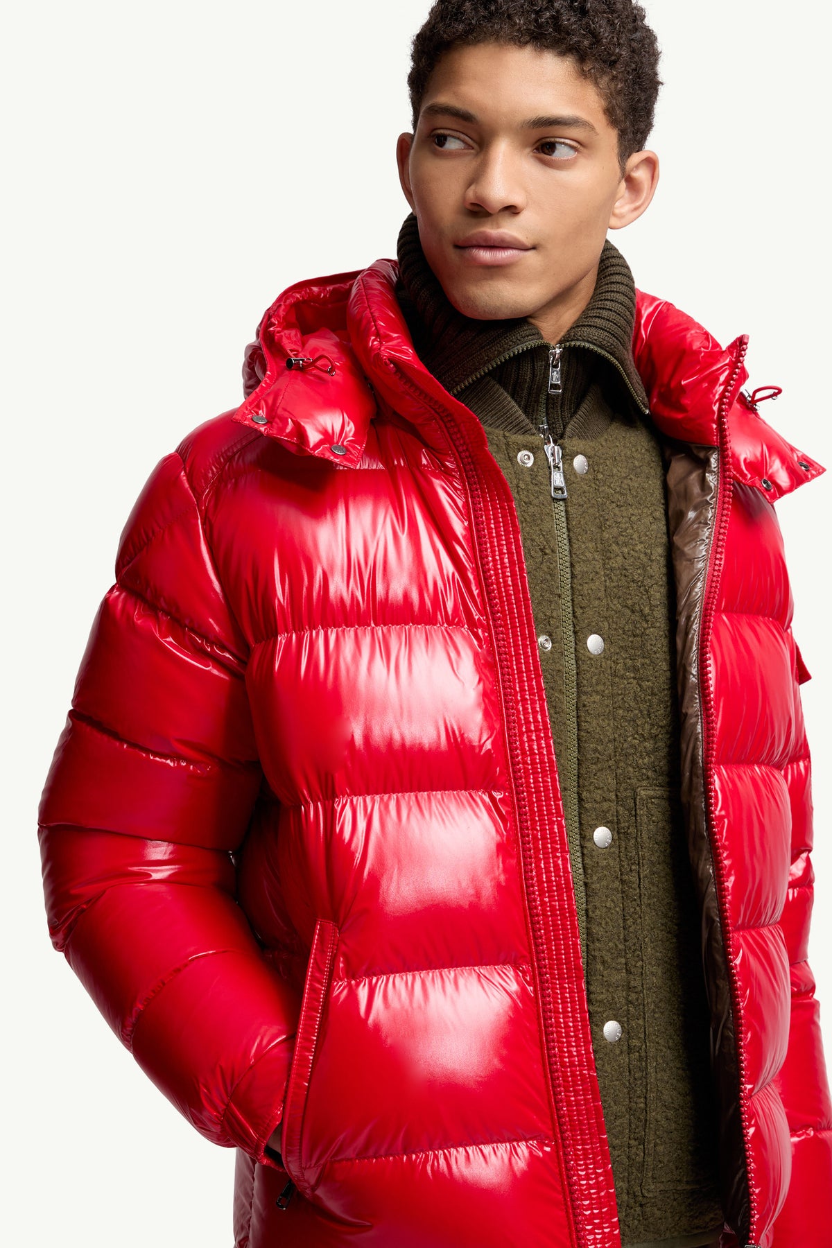 Moncler Maya Glossy Hooded Down Jacket — Red — product view 8