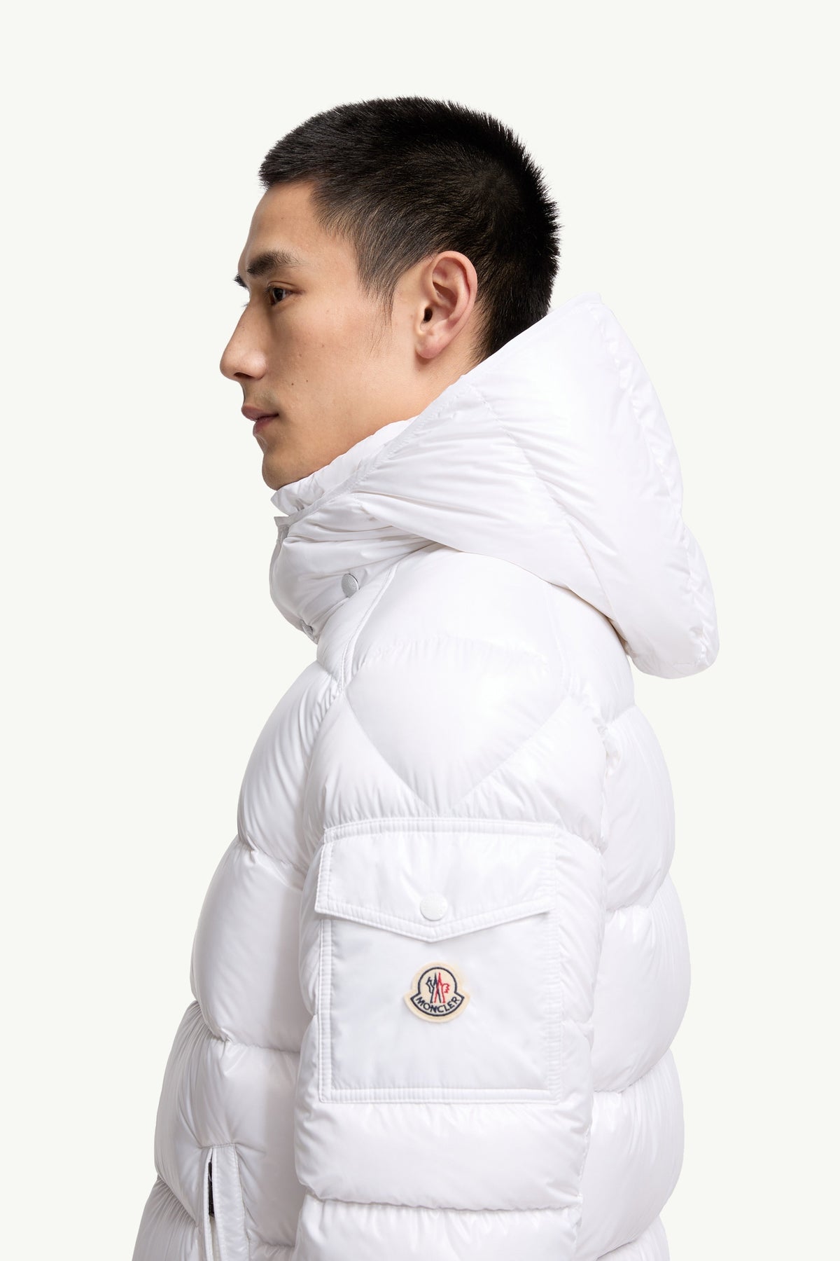 Moncler Maya Glossy Hooded Down Jacket — White — product view 3