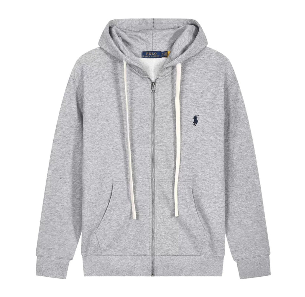 Polo Ralph Lauren Contrast-Drawstring Full-Zip Hoodie — Light Grey / Navy Logo — Front