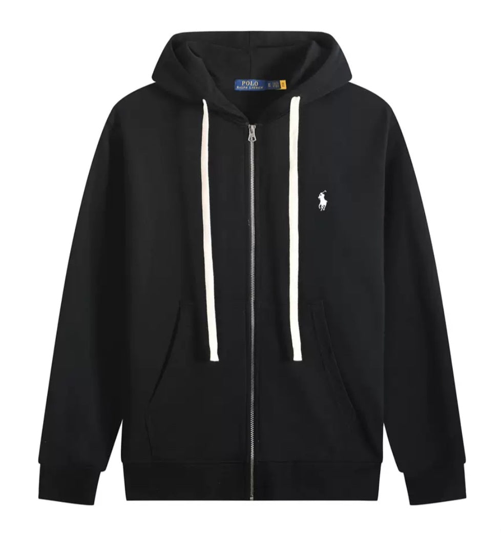 Polo Ralph Lauren Contrast-Drawstring Full-Zip Hoodie — Black / White Logo — Front