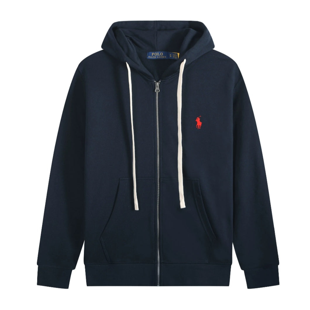 Polo Ralph Lauren Contrast-Drawstring Full-Zip Hoodie — Navy / Red Logo — Front