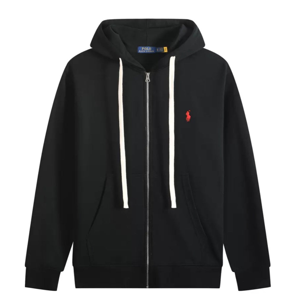 Polo Ralph Lauren Contrast-Drawstring Full-Zip Hoodie — Black / Red Logo — Front