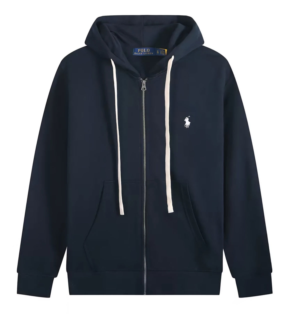 Polo Ralph Lauren Contrast-Drawstring Full-Zip Hoodie — Navy / White Logo — Front